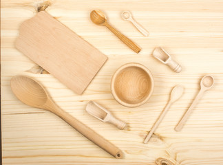Wooden Dishes on Wood Background