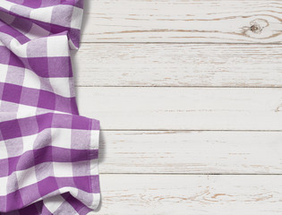 table with purple picnic cloth top view background