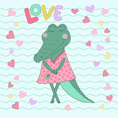 Crocodile girl with closed eyes having flower in her hand