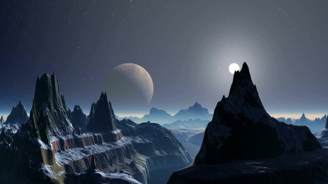 Sunset over Alien Planet. Bright sun in a halo quickly sits down at the misty horizon. On a dark starry sky big moon. High snow-covered rocks with sharp peaks stand among the foggy lakes. 