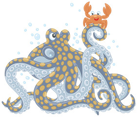 Big spotted octopus talking with a funny small crab, a vector illustration in a cartoon style