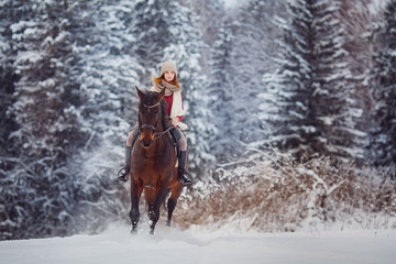 Rider young girl jumps over snow on brown horse over winter forest