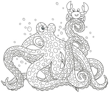 Big spotted octopus talking with a funny small crab, a black and white vector illustration in a cartoon style for a coloring book