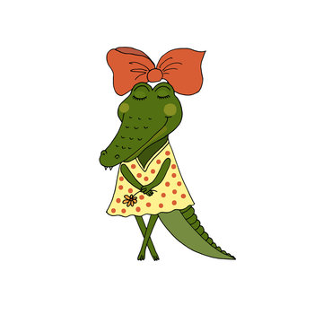 Crocodile girl with closed eyes having flower in her hand