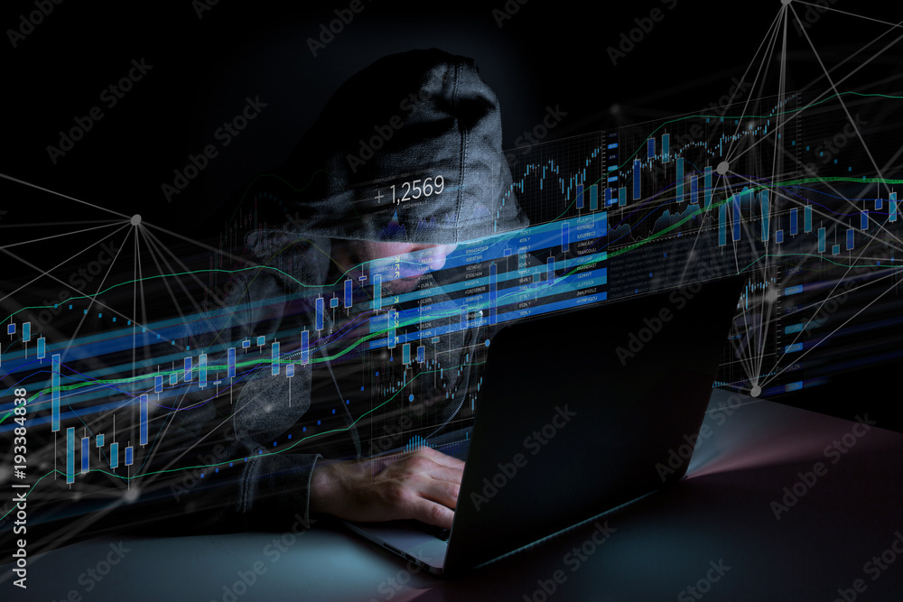 Poster hacker man in the dark using computer to hack data and information system