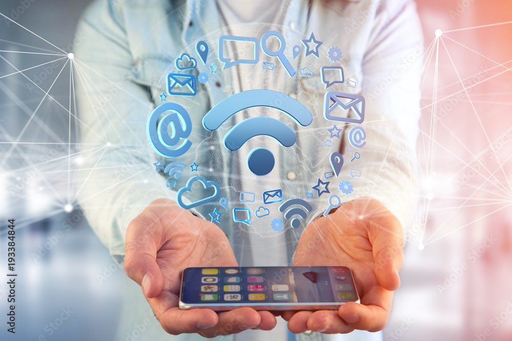 Poster wifi symbol connection surrounded by multimedia and internet application logo - 3d rendering
