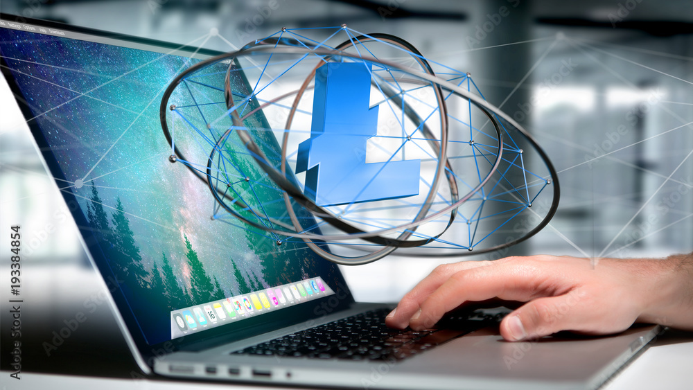 Aufkleber businessman using a computer with a bitcoin crypto currency sign flying around a network connection 