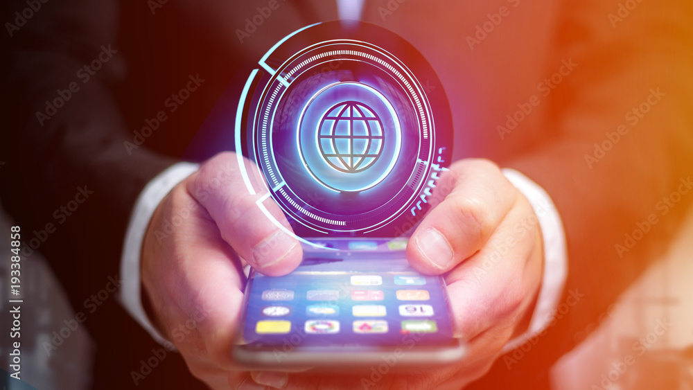 Poster businessman using a smartphone with a shinny technologic globe button - 3d render