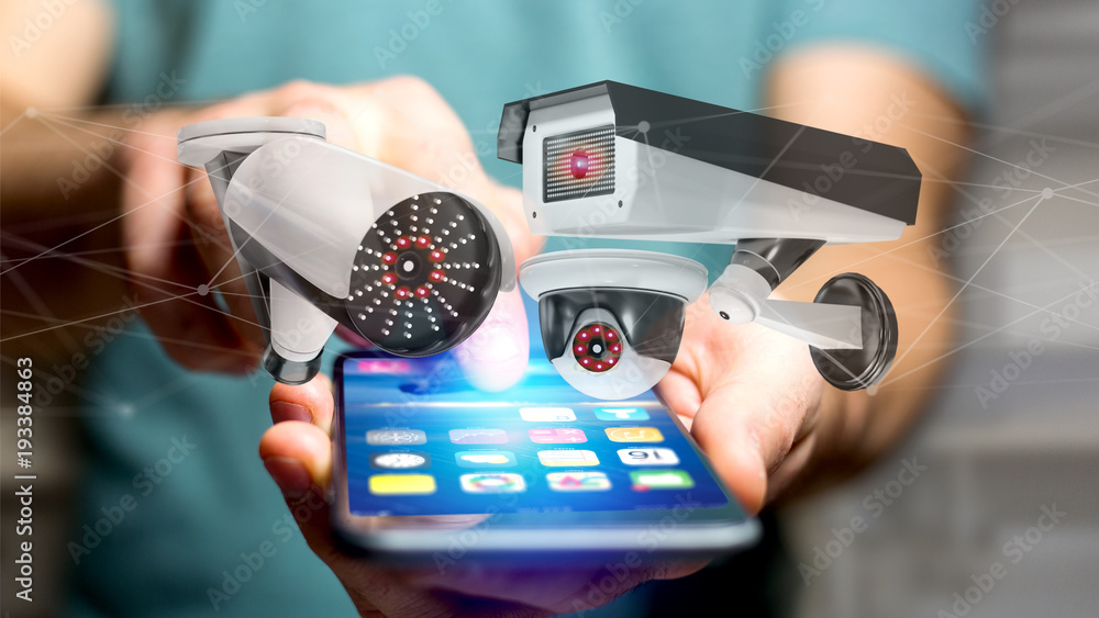 Poster businessman using a smartphone with a security camera system and network connection - 3d rendering