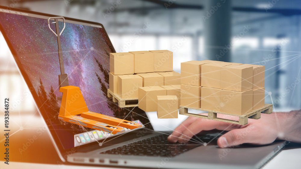 Poster pallet truck and carboxes with network connection system - 3d render