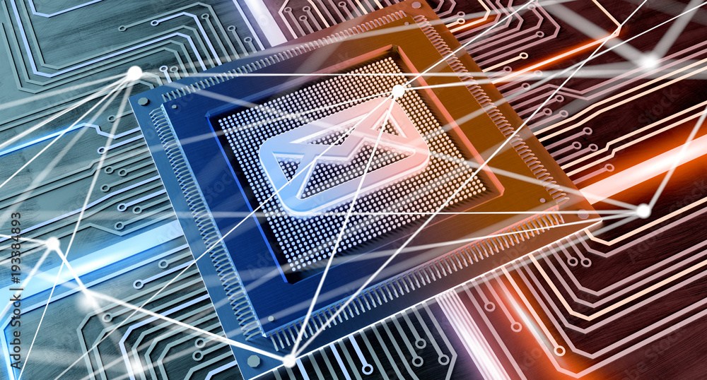 Poster cpu processor chip with a message and network connection on a circuit board - 3d render