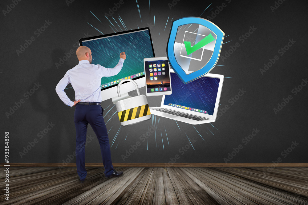 Aufkleber businessman in front of a wall with a shield symbol displayed on a futuristic interface - technology