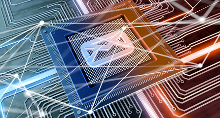 CPU processor chip with a message and network connection on a circuit board - 3d render