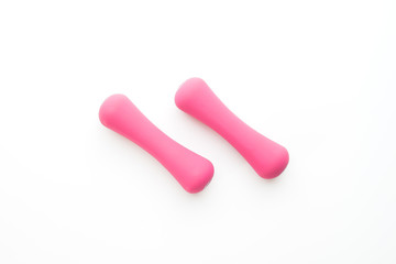 Pink color dumbbells on white background, Healthy concept