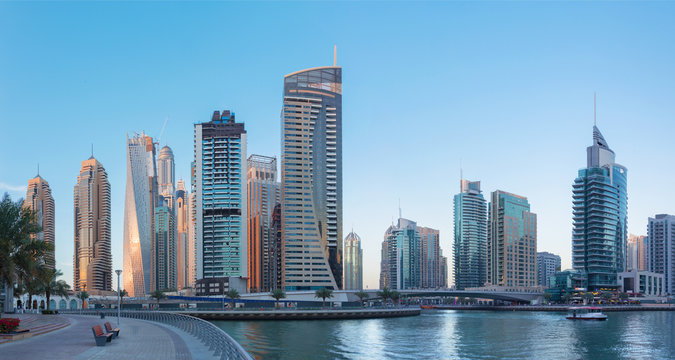 Dubai - The skyscrapers and hotels of Marina and the promenade.