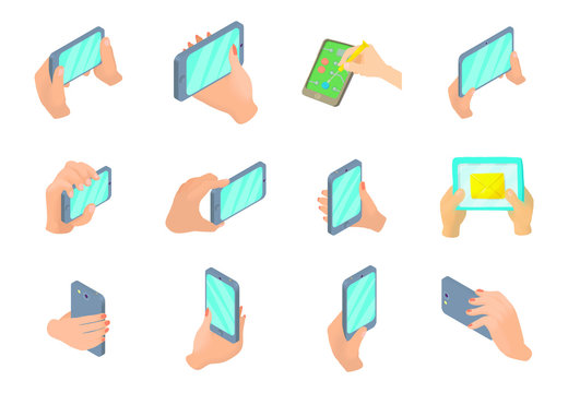 Smartphone in hand icon set, cartoon style