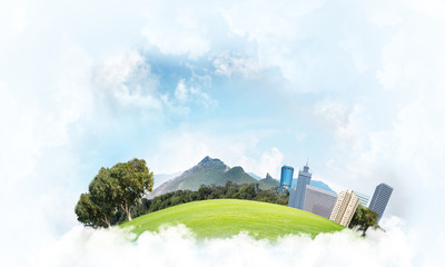 Concept of eco green life as elegant business center on white clouds