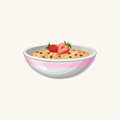 Bowl of corn flakes rings with milk and strawberry. Delicious food. Appetizing breakfast. Fast food. Good morning concept. Cartoon flat vector illustration