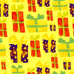 Seamless Pattern with Hand Drawn Watercolor Gifts with Bow. Christmas Background. Party or Birthday Design. Repeatable New Year Pattern. Can be used For Textile Print, Packaging, Wallpaper, Wrapper. © litvinovaelena86