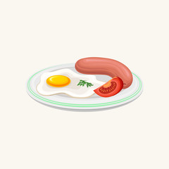 Fried egg, sausage and slice of tomato on plate. Classic breakfast. Good morning concept. Flat graphic element for print, flyer or cafe menu. Cartoon vector illustration