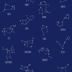 Seamless background with schematic hand drawn zodiac constellations © C Design Studio