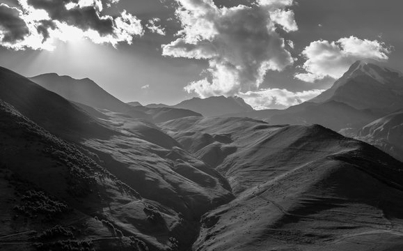 Fototapeta black and white photo of valley in a Greater Caucasus, Georgia