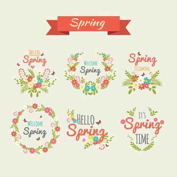 Set of Vintage Spring typography design with labels, icons elements collection