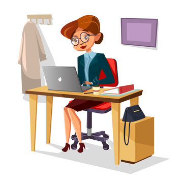 Businesswoman in office vector illustration of cartoon woman manager working on laptop at table. Woman boss confident in glasses and business suit typing with coffee and purse on office desk