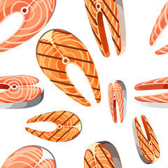 Seamless pattern of grilled and fresh salmon steaks vector illustration on white background web site page and mobile app design