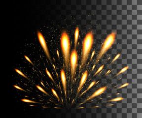 Glowing collection. Golden firework, light effects isolated on transparent background. Sunlight lens flare, stars. Shining elements. Holiday fireworks. Vector illustration