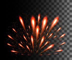 Fototapeta na wymiar Glowing collection. Red firework, light effects isolated on transparent background. Sunlight lens flare, stars. Shining elements. Holiday fireworks. Vector illustration