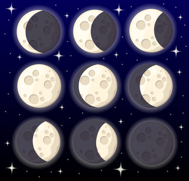 Set of different moon phases space object natural satellite of the earth vector illustration isolated on style background web site page and mobile app design