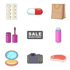 Shopping product icons set, cartoon style
