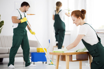 Cleaning crew washing furniture