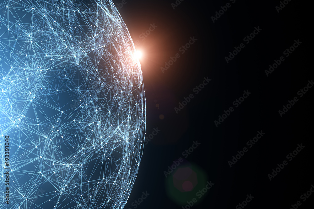 Poster network globe with view from space and flare of light.