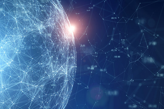 Network Globe With Numbers, View From Space And Flare Of Light.