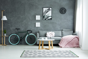 Spacious living room with bicycle