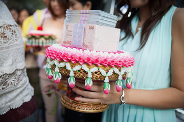 Traditional Thai style tray of gifts from groom to bride's house in engagement ceremony