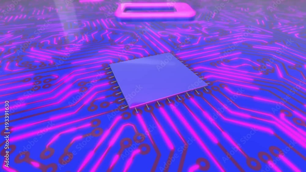 Poster seamless looping rotating 3d animated blue and pink computer circuit board with a tablet icon in 4k 