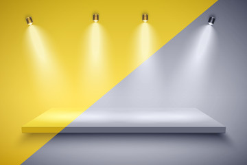 Light box with Black and white platform and yellow color on with four spotlights. Editable Background Vector illustration.