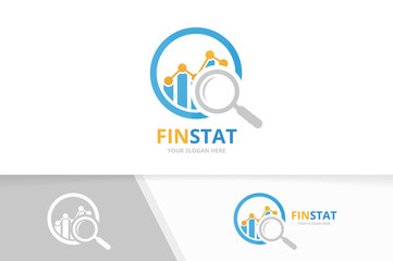 Vector graph and loupe logo combination. Diagram and magnifying symbol or icon. Unique chart and search logotype design template.