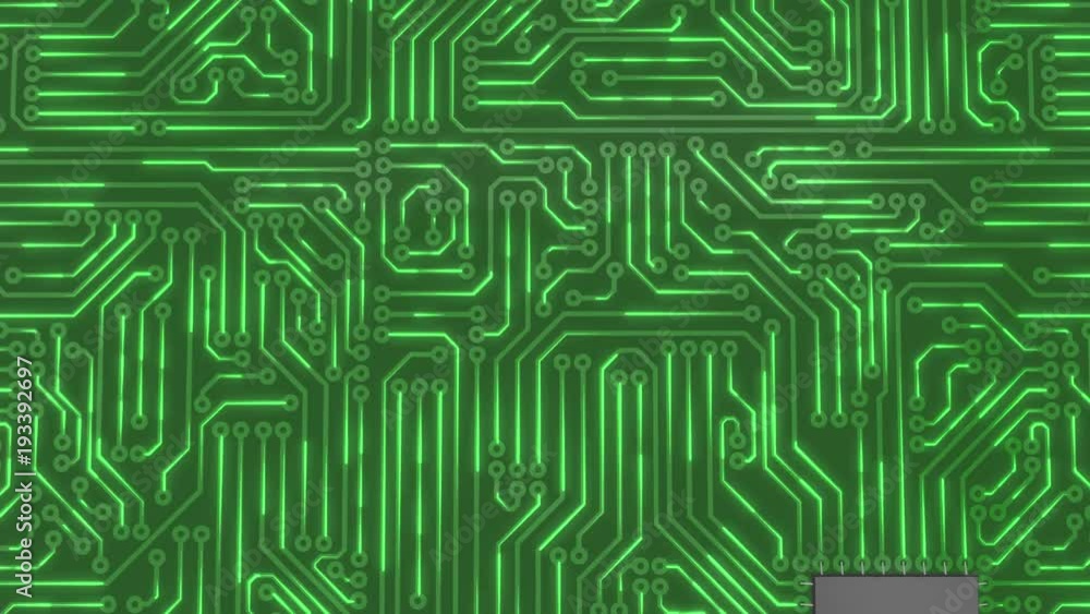 Poster seamless looping 3d animated dark green computer circuit board in 4k resolution