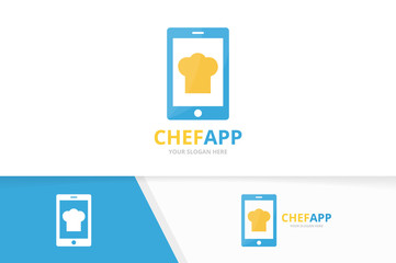 Vector chef hat and phone logo combination. Kitchen and mobile symbol or icon. Unique cook and device logotype design template.