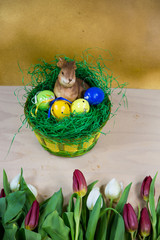 easter nest with tulips in the foreground