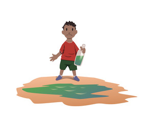 Water scarcity concept. African boy took drinking water from a dirty puddle. Bad drinking water is the cause of dangerous intestinal infections. Vector illustration, isolated on white background.