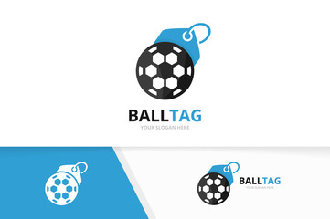 Vector soccer and tag logo combination. Ball and shop symbol or icon. Unique football and label logotype design template.