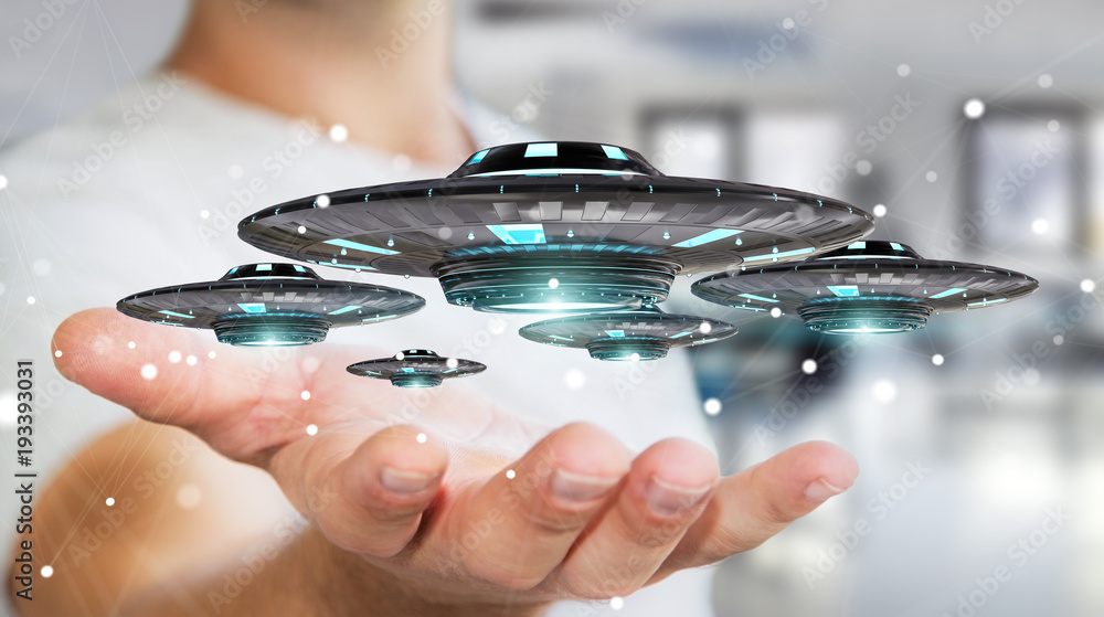 Poster businessman with retro ufo spaceship 3d rendering