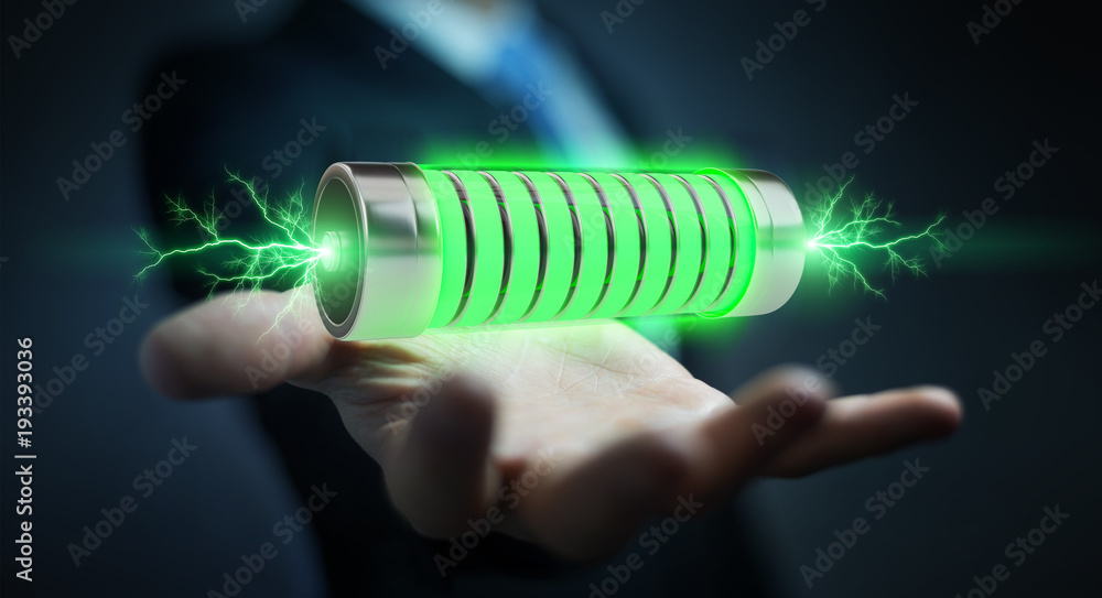Aufkleber businessman using green battery with lightnings 3d rendering