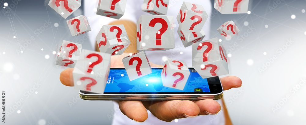 Poster Businessman using cubes with 3D rendering question marks