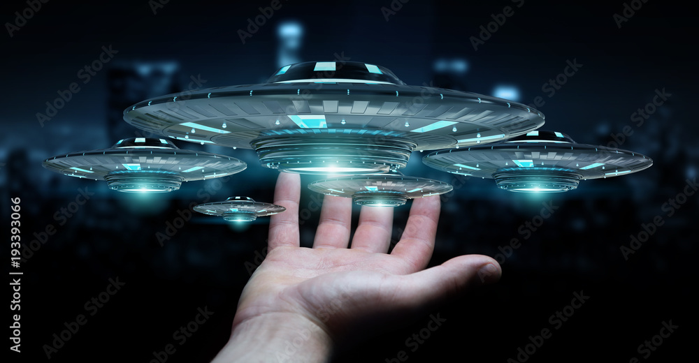 Poster Businessman with retro UFO spaceship 3D rendering